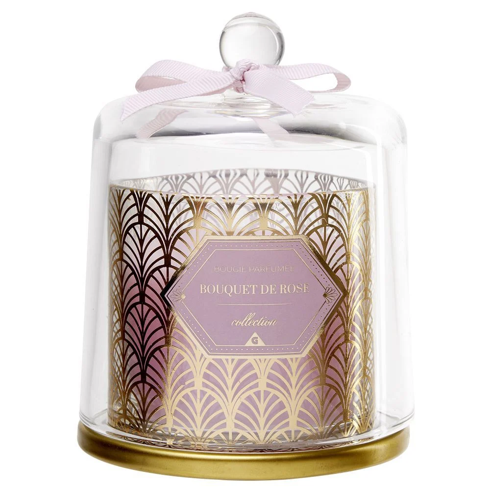 Bougie parfumée rose sous cloche transparent doré