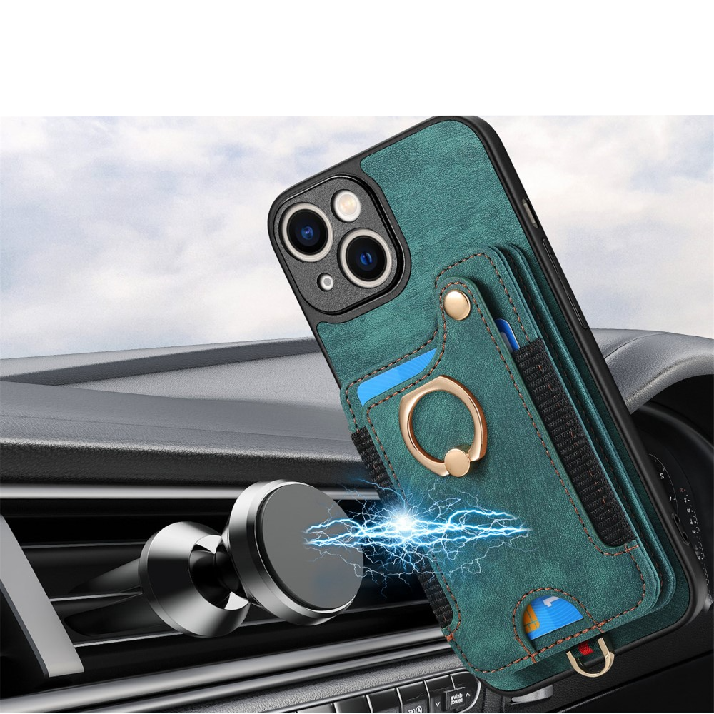 iPhone 14 Necklace Leder Hülle mit Kartenfächer   Finger Griff Halterung   Handykette (RFID Schutz) - Grün
