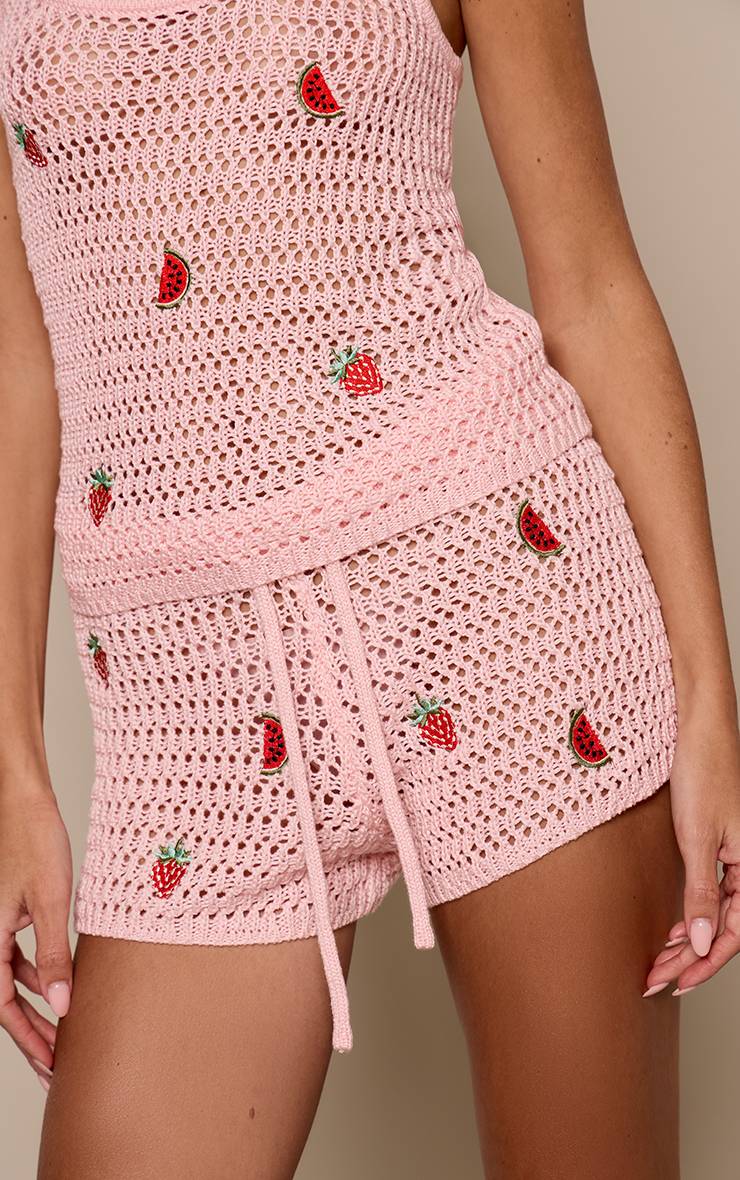 Rose Short En Crochet Tricoté Avec Détail Broderie Et Cordon De Serrage