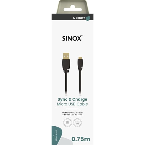 Sinox Micro-USB kabel 0,75 meter - sort