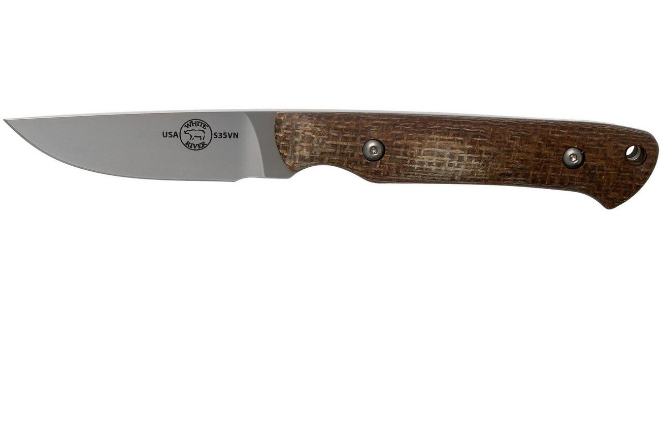 White River Knives Small Game Knife Natural Burlap Micarta jachtmes, Owen Baker Jr. design