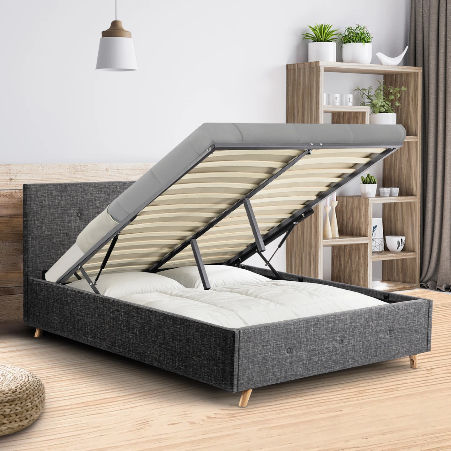 Lit coffre double scandinave LULEA avec tête de lit et sommier 160 x 200 cm tissu gris anthracite