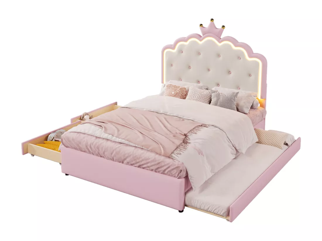 Lit gigogne 140 x 200 cm avec tête de lit en couronne - Cuir PU - LEDs - Sommier à lattes - Rose (Sans matelas)