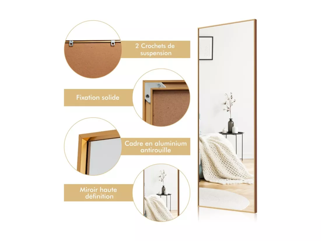 Miroir Mural avec cadre aluminium 150x4x56cm, HD Miroir en verre antidéflagrant, Miroir en Pleine Longueur pour Installation Horizontale ou Verticale, pour salle de bain, chambre, salon (Doré)