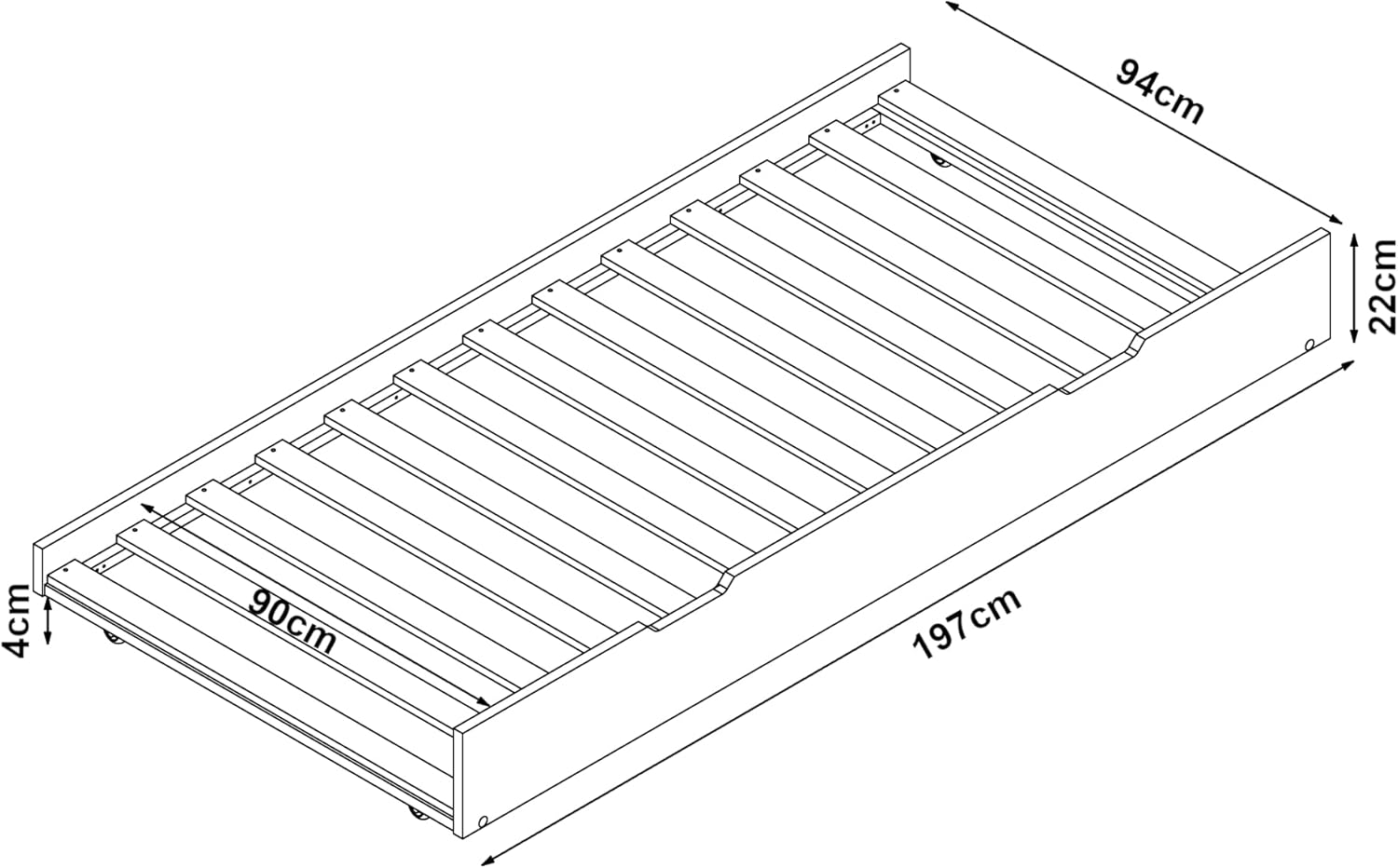 [en.casa] Bettauszug Ydre mit Rollen 197 x 94 x 22 cm Holz Bettgestell mit Lattenrost Weiß Gästebett-Auszug ausziehbar Unterbett-Teil