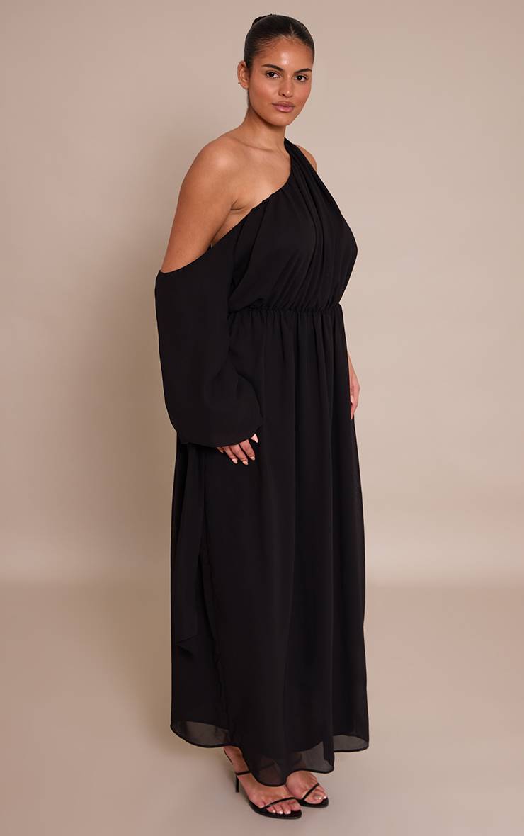 Noir Robe Maxi Grande Taille En Mousseline Drapée À Manches Longues