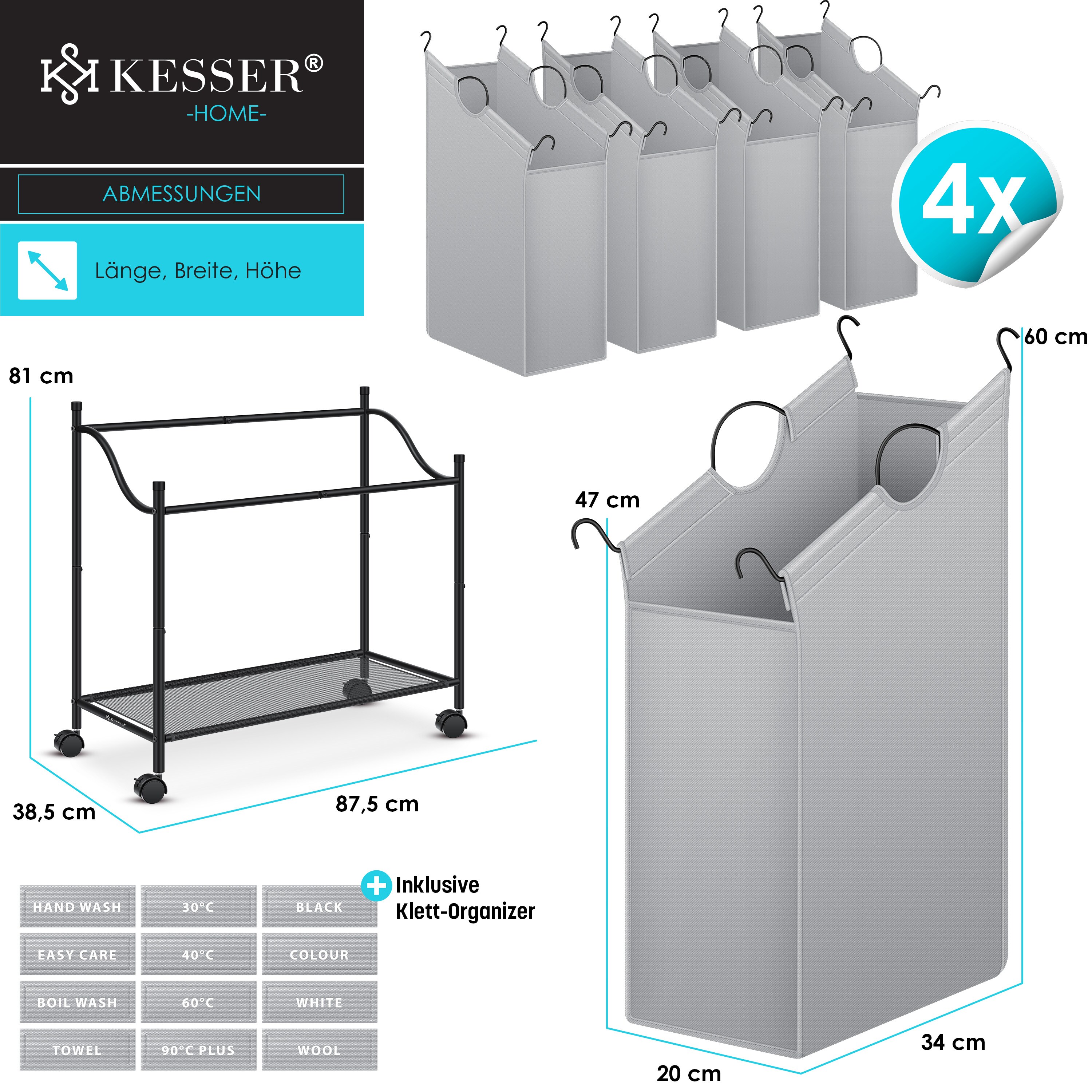 KESSER® Wäschekorb Wäschesammler Wäschesortierer mit abnehmbaren Stofftaschen | Wäschebox mit 12 Waschhinweisen 360° Rollen mit Bremse Wäsche-Sortiersystem Wäschewagen