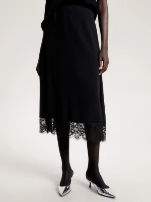 Saia midi com detalhes em renda floral