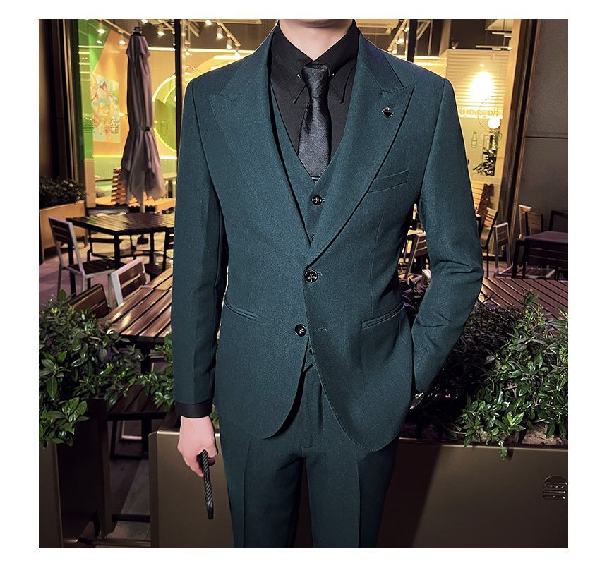 Deepwood - Set: Effen enkelrijs blazer + V-hals vest met knoopjes + pantalon