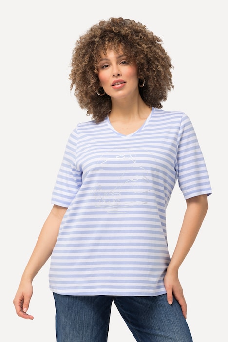 Shirt, Ringel, Metallic-Tier, V-Ausschnitt, Halbarm
