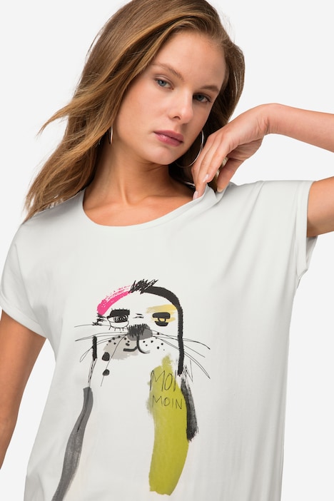 T-Shirt, oversized, Robben Motiv, Rundhals, Halbarm