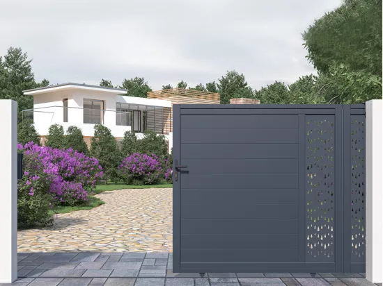 Portail électrique coulissant aluminium semi plein à motifs L374 x H180 cm anthracite GREGOR