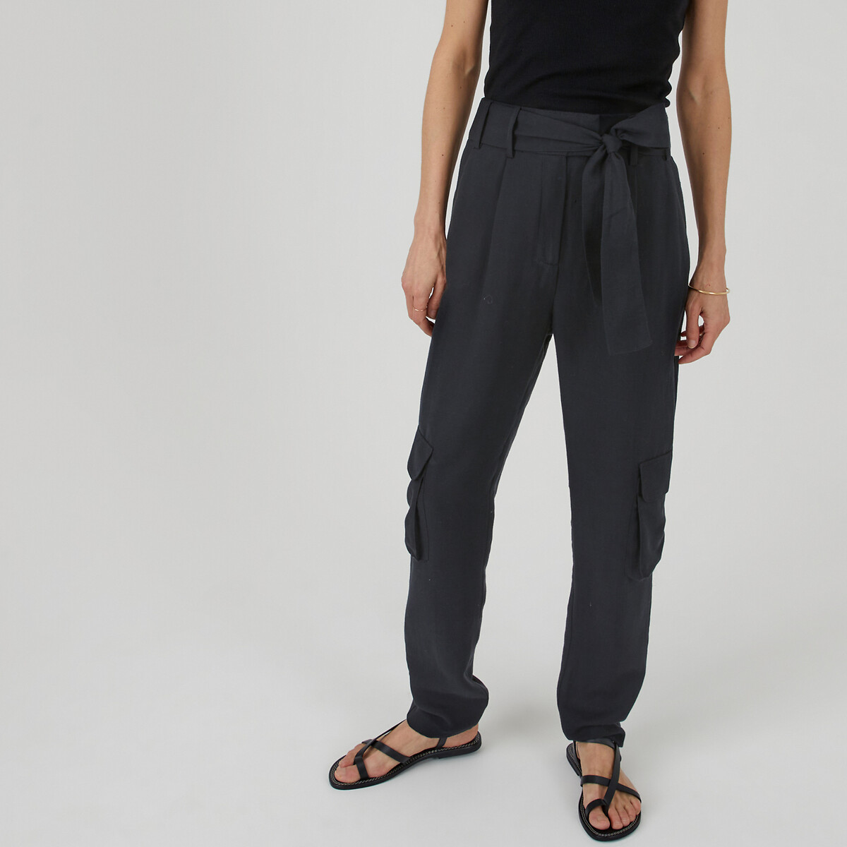 COLEÇÕES LA REDOUTE<br>Calças slim em liocel e linho, com bolsos frontais