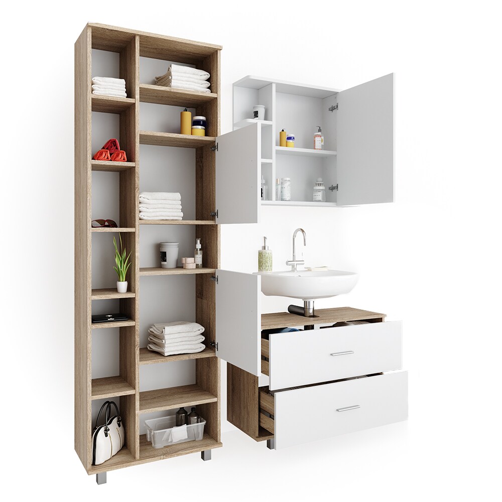 VICCO Badmöbel Set ILIAS Weiß Eiche Spiegel Kommode Unterschrank Badschrank
