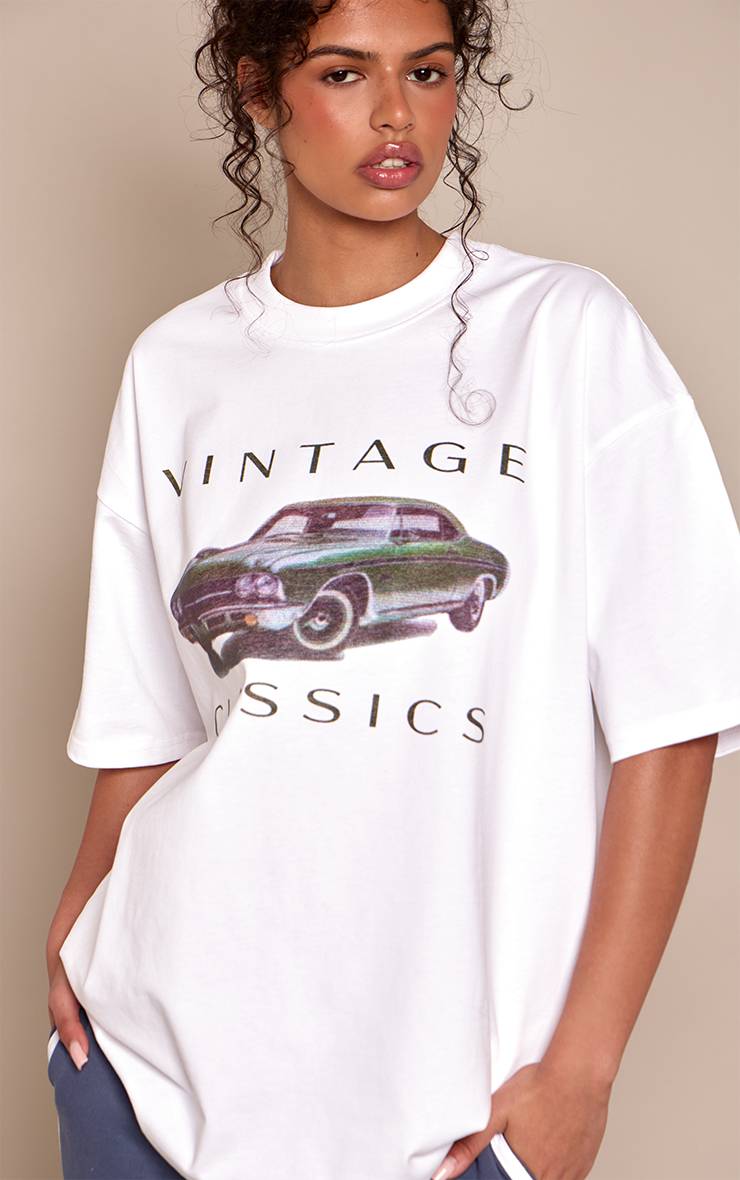 Blanc T-shirt Oversize En Coton Épais Avec Motif Voiture