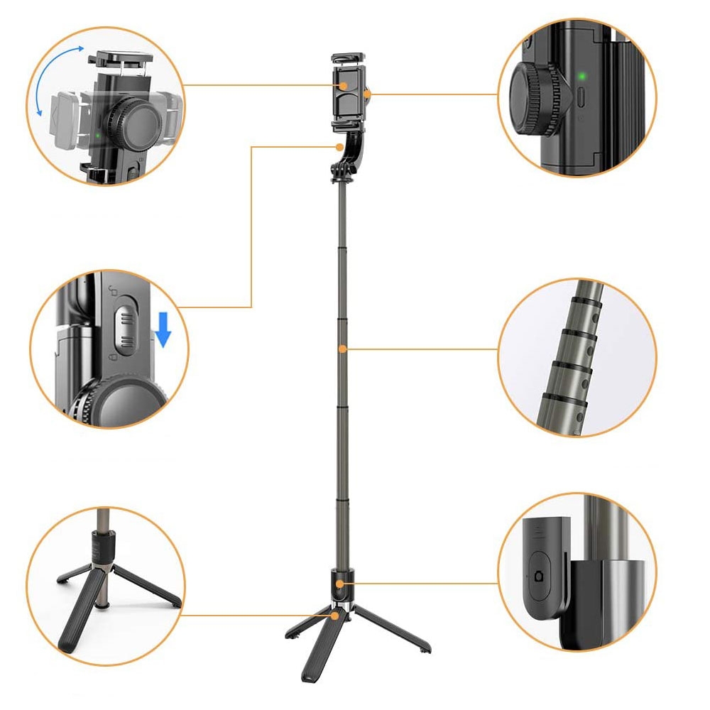 (85cm) Gimbal 1-Achsen Stabilisator Selfie Stick Tripod Dreibein Stativ Halterung mit Bluetooth Fernauslöser für Smartphones - Weiss