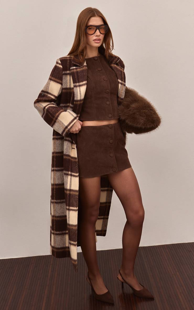 Marron Foncé Ensemble Coordonné Gilet Boutonné En Synthétique