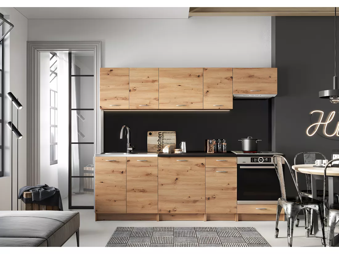 Cuisine complète MILA 8 éléments couleur chêne Artisan avec plan de travail inclus - Longueur 240 cm