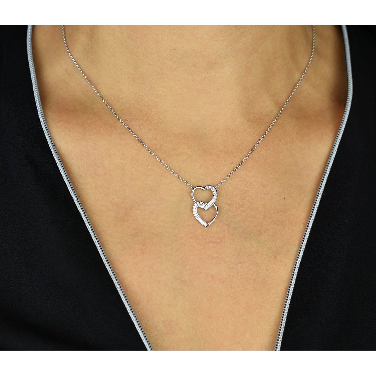 Collier 2 coeurs superposés sertis d'oxyde de zirconium Argent 925 Rhodié