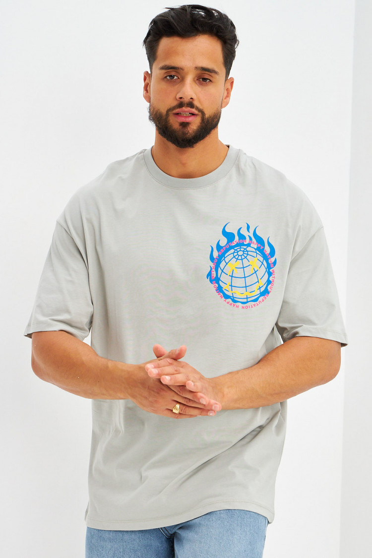 T-shirt logo imprimé smiley terre gris