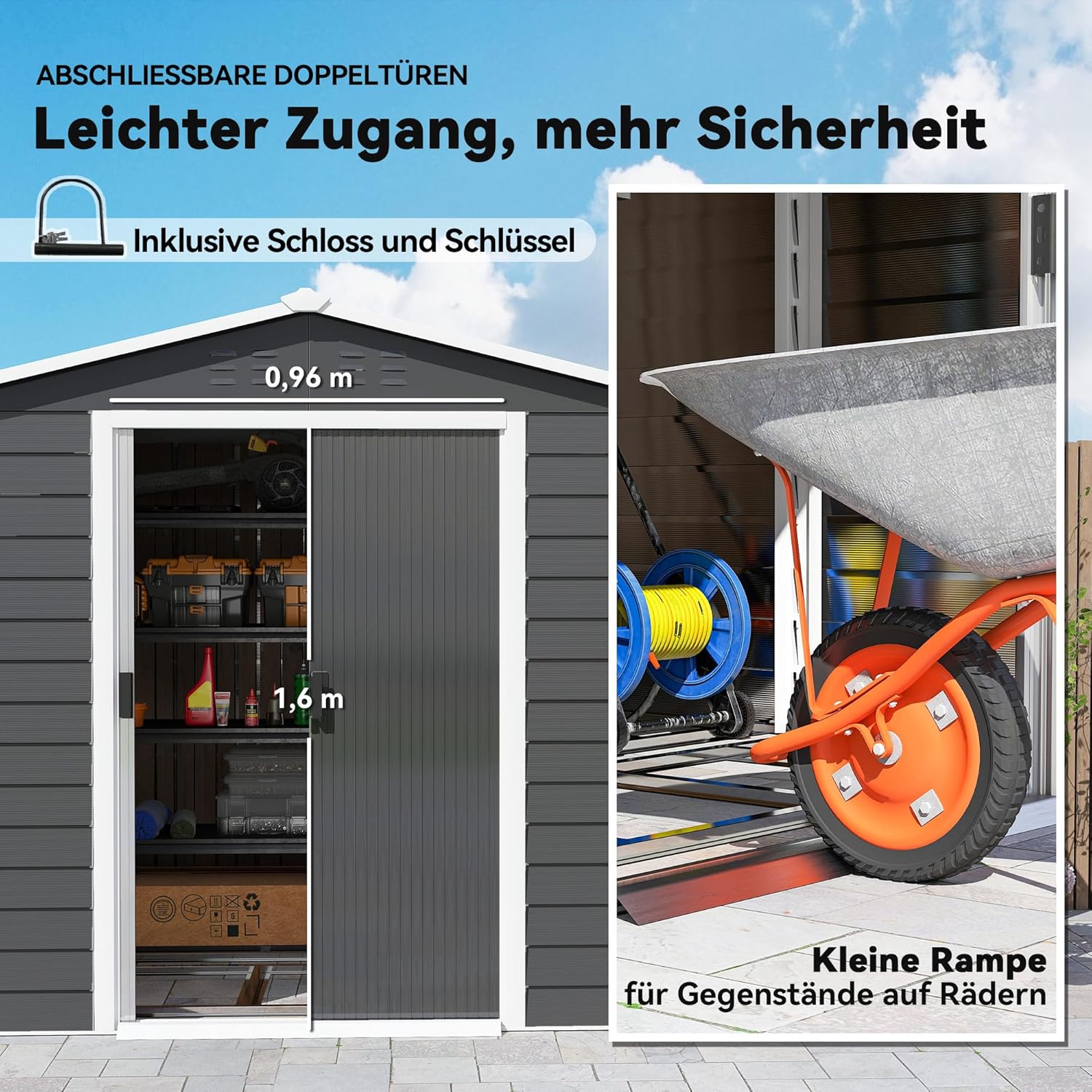 Outsunny Gerätehaus 4,4 m², Gartenhaus mit Pultdach, Schiebetür, Fundament, Einfach Montage 240 x 206 x 198 cm, Geräteschuppen aus Verzinkter Stahl, wetterfest, für Garten, Dunkelgrau
