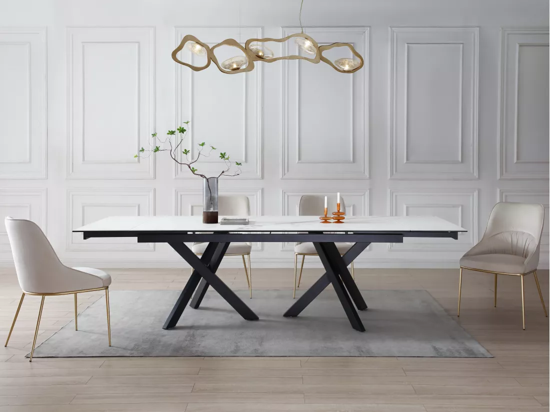 Table à manger extensible 8 à 12 personnes en verre trempé et céramique - Effet marbre blanc et noir - MARISO