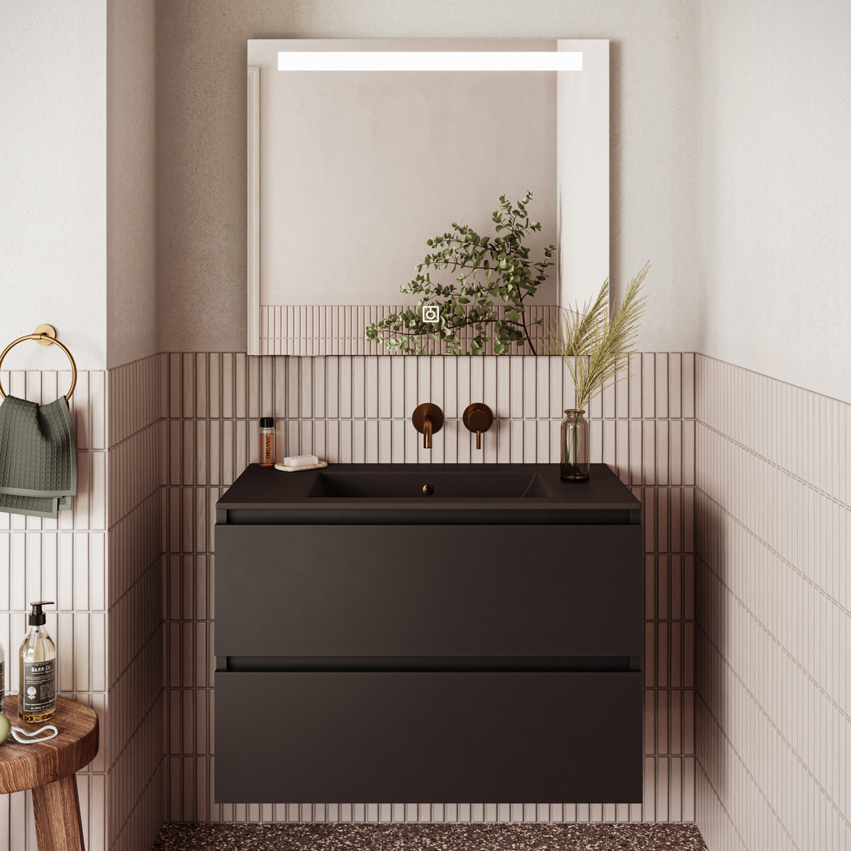 Fontana Rovigo badmeubel 80cm zwart mat met zwarte wastafel zonder kraangat en spiegel met verlichting