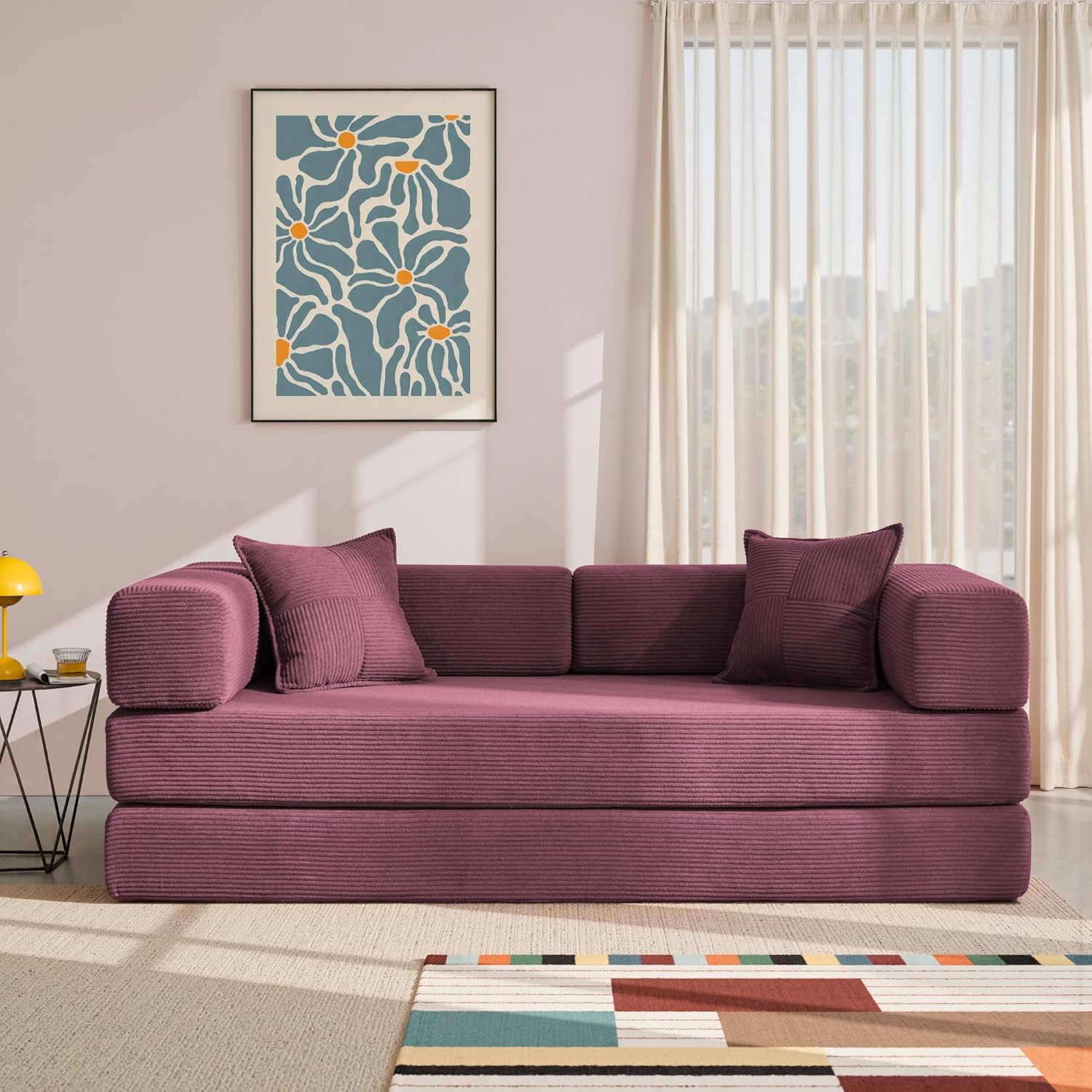 YINIX Faltbares Schlafsofa 200cm Breite XXL Bett, Modulares Bodensofa, Cord Wolkensofa mit Metallrahmen, 3 Sitzer Gästebett Klappbar, rutschfest, Waschbar (Bordeaux, 200cm (3-Sitzer))