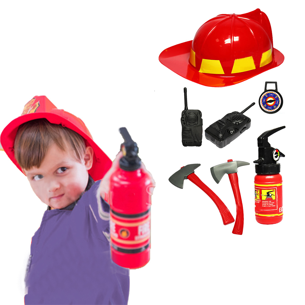 (5-tlg. Set) Feuerwehr Kostüm Zubehör Spielset für Kinder inkl. Helm / Feuerlöscher / Kompass / Walkie Talkie / Axt