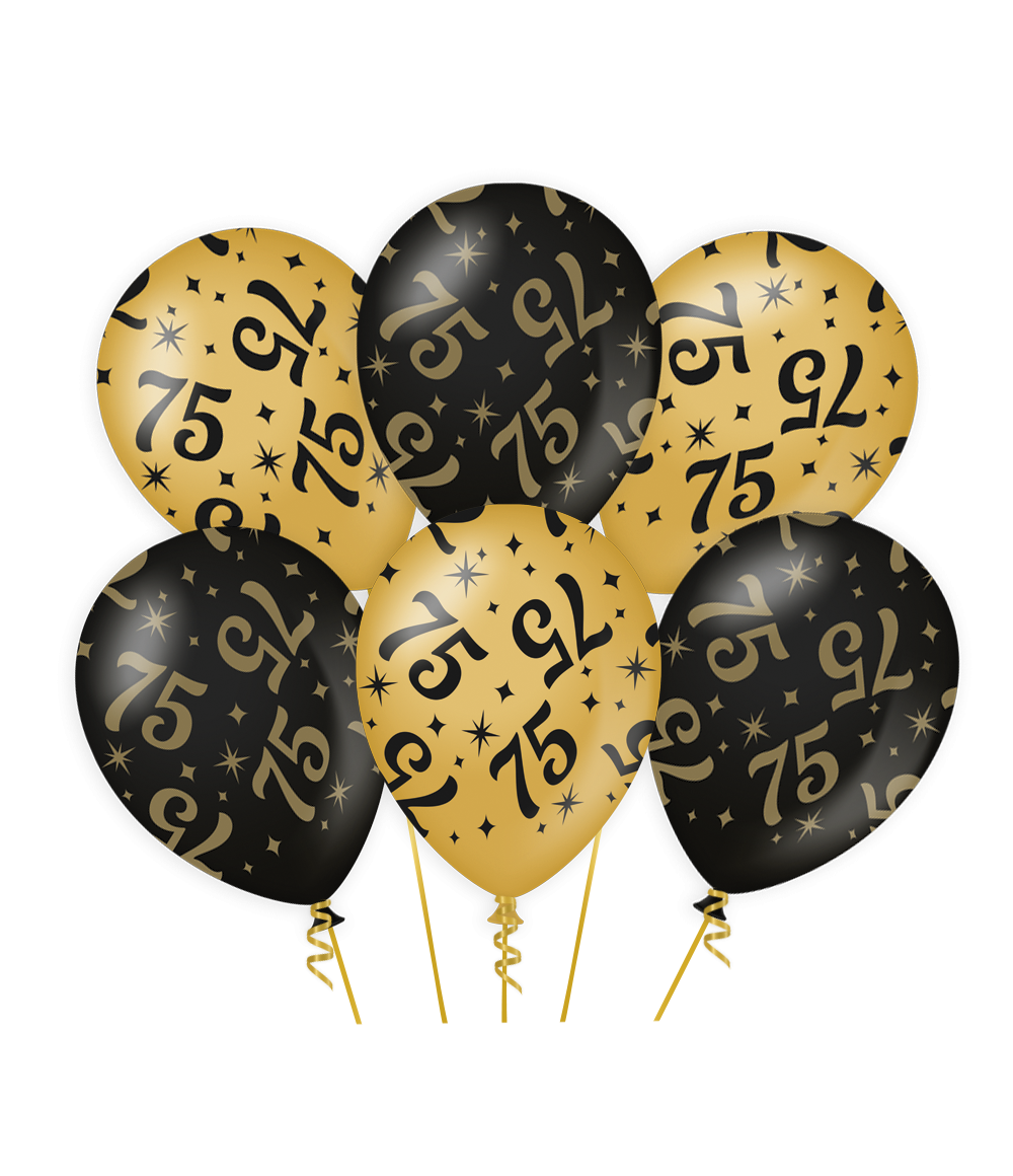 Ballonnen 75 Jaar Goud Zwart 30cm 6st