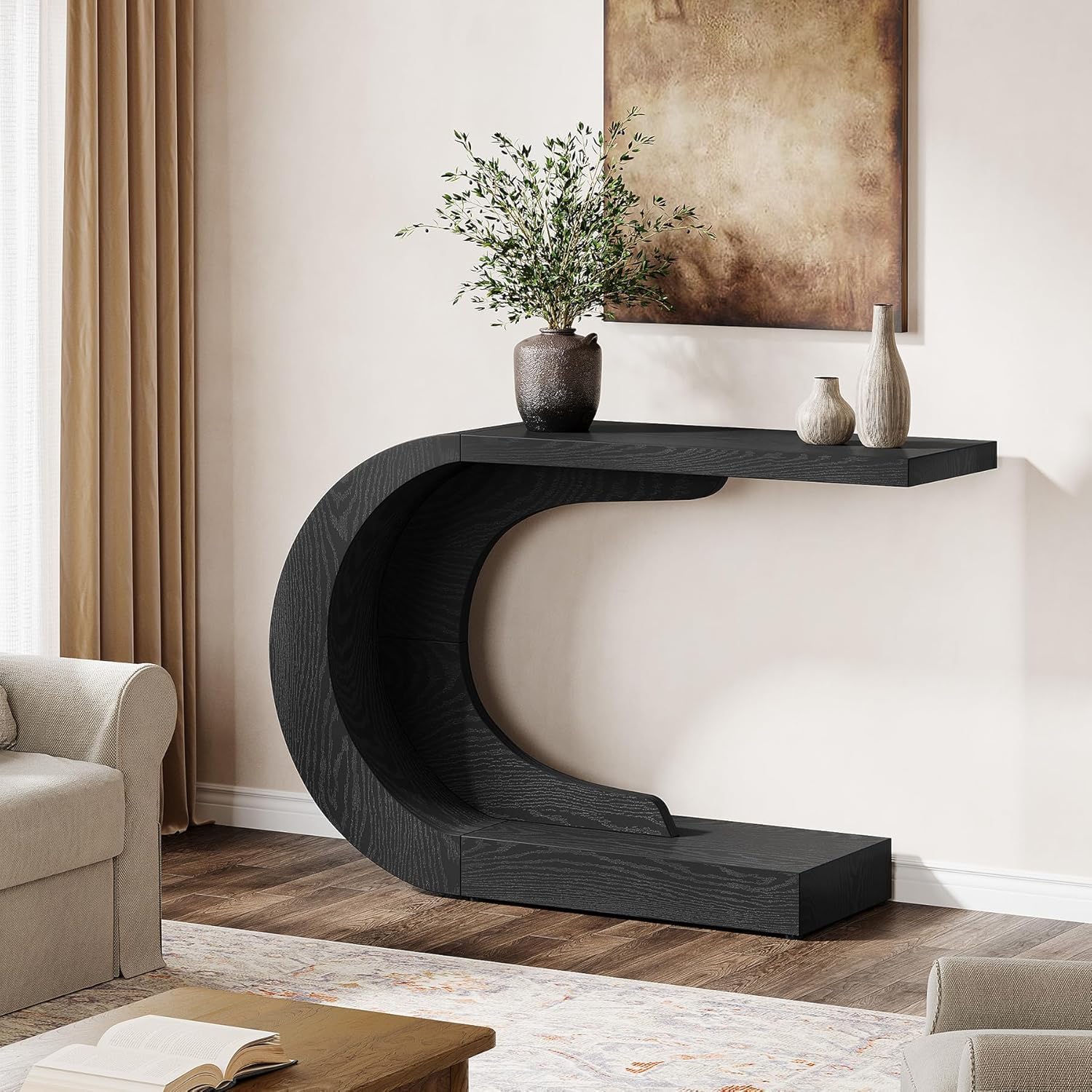 Tribesigns Mid-Century Modern-Stil Konsolentisch, C-förmiger Konsolentisch aus Holz für den Flur, Wohnzimmer, Eingang, Foyer, einfache Montage, Schwarz, 110 x 35 x 75 cm (Schwarz)