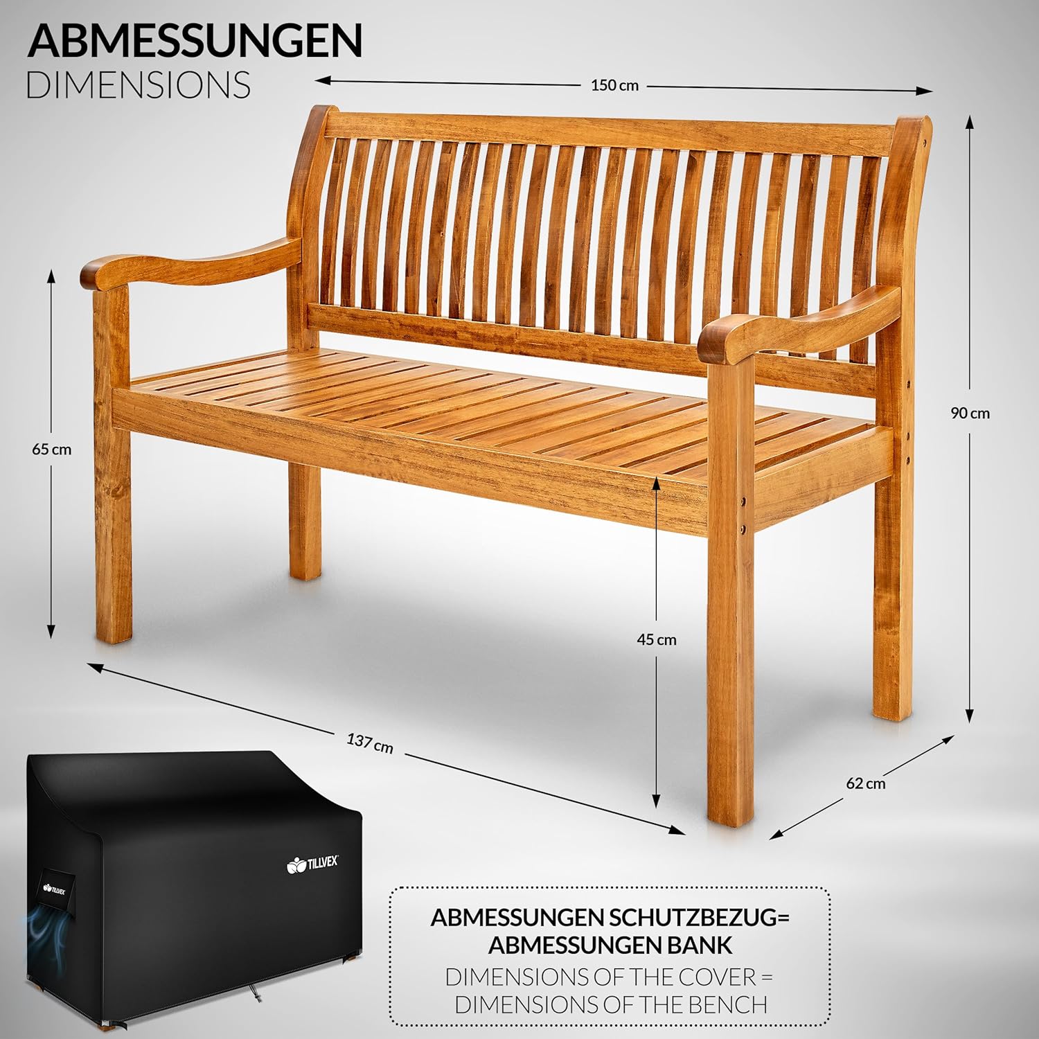 tillvex Gartenbank Holz 3-4 Sitzer inkl. Abdeckung wetterfest 150 cm | Parkbank Massivholz | Balkonbank Sitzbank 320 kg belastbar | Holzbank Gartenmöbel für Balkon, Terrasse & Garten
