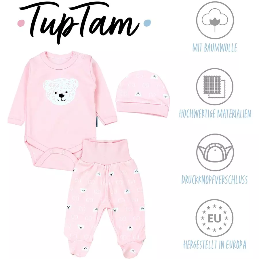 TupTam Baby Bekleidungsset Langarmbody Hose Mütze3 teilig rosaweiß