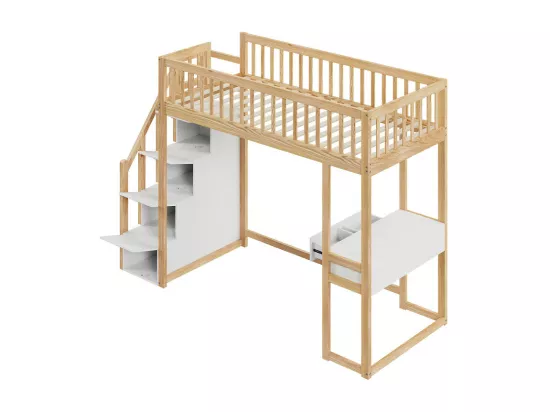 Lit mezzanine 90x200cm en bois - avec table et escalier de rangement - Naturel & Blanc