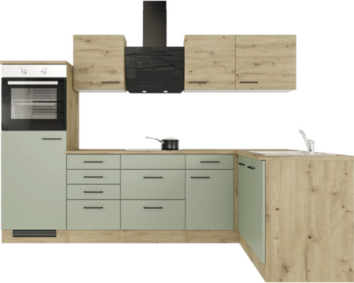 Flex Well hoekkeuken met apparatuur Cara 280 cm groen eiken mat gedemonteerde variant omkeerbaar 00012743