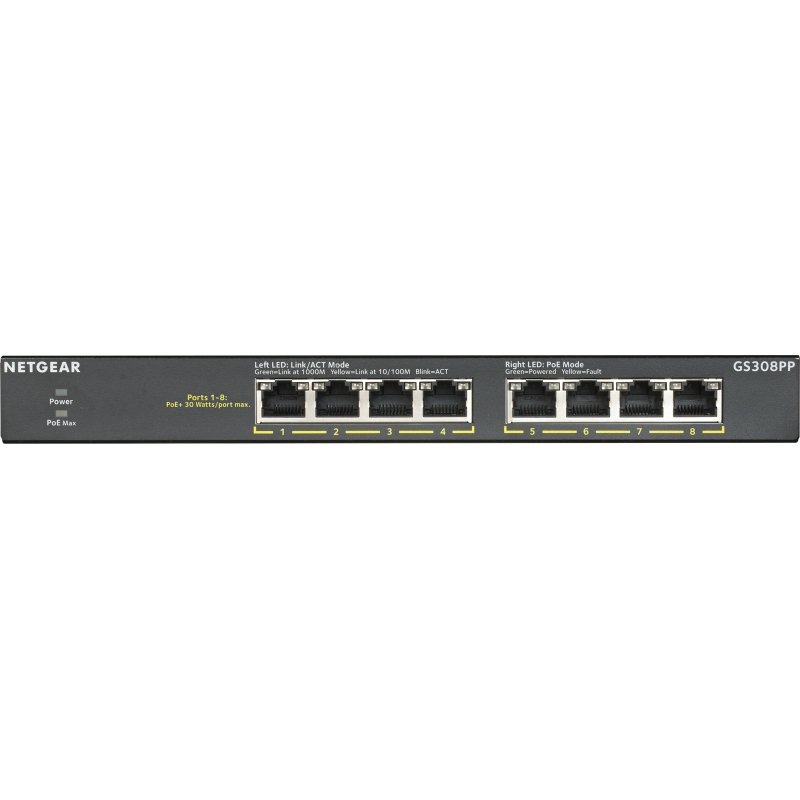 NETGEAR GS308PP Non-géré Gigabit Ethernet (10/100/1000) Connexion Ethernet, supportant l'alimentation via ce port (PoE) Noir