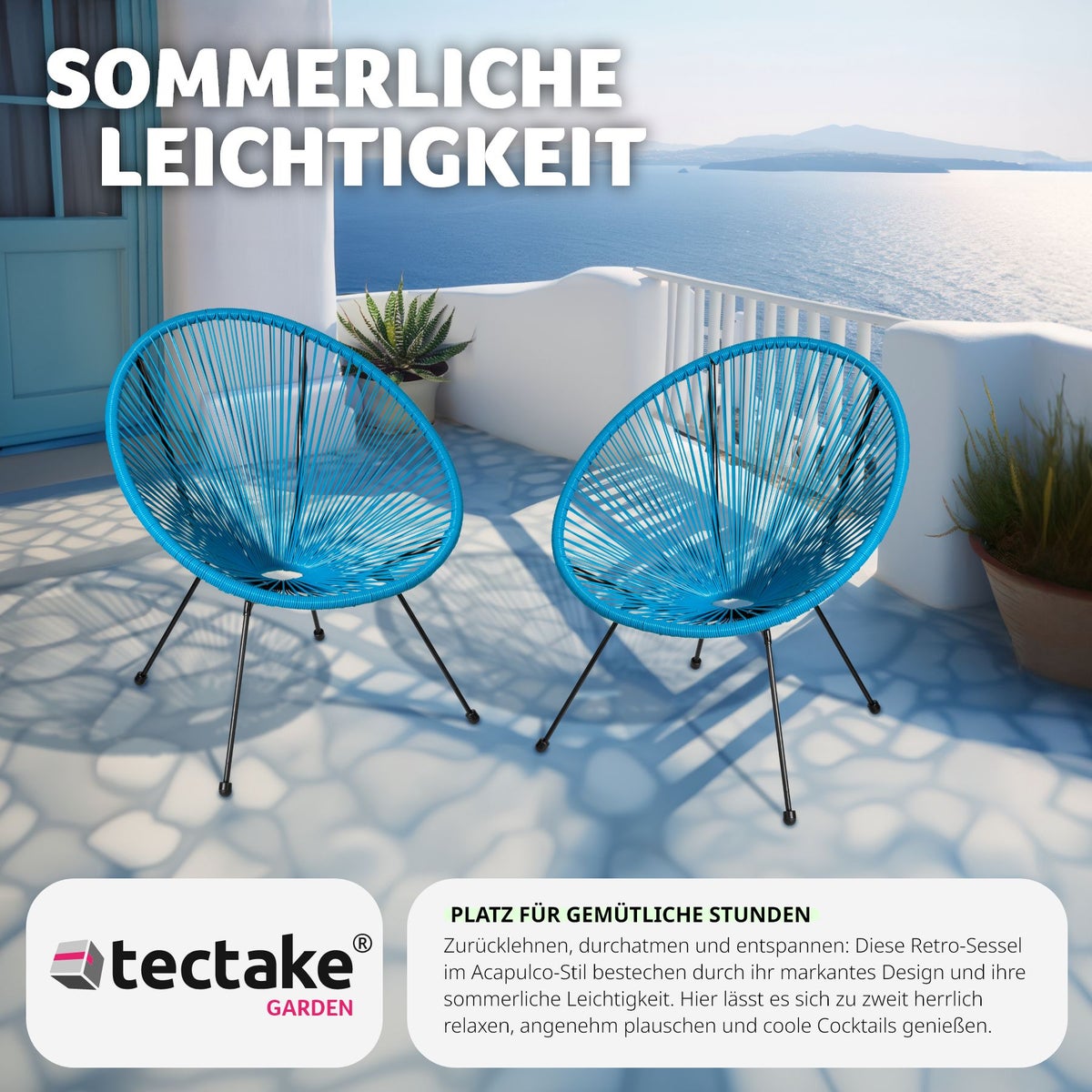 Set van 2 tuinstoelen tectake Santana, retrodesign in Acapulco-stijl, draagvermogen 120 kg, 70,5 x 69 x 78 cm