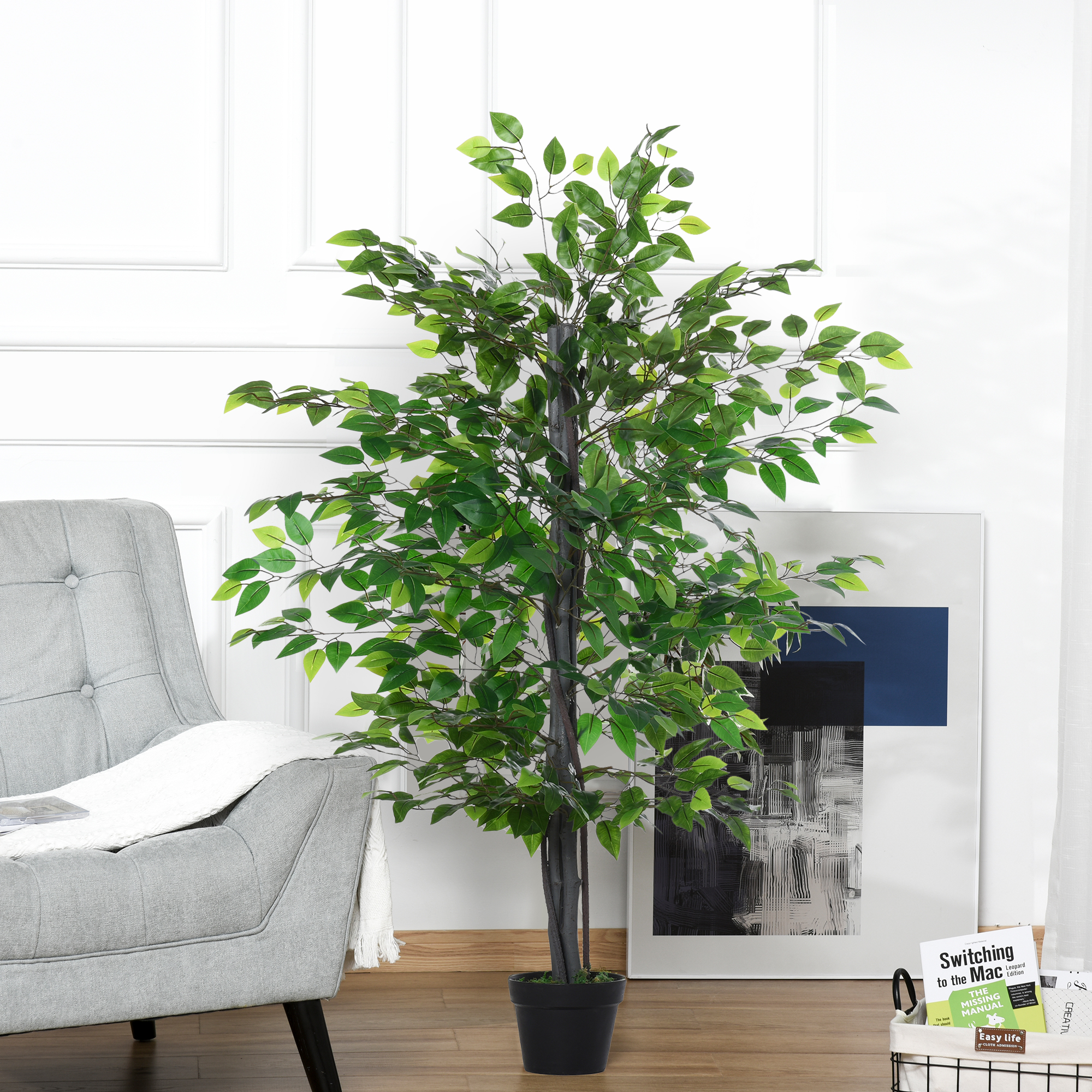 Árvore artificial de Ficus Outsunny, 145 cm de altura, 756 folhas com vaso para decoração de interiores e exteriores, verde.