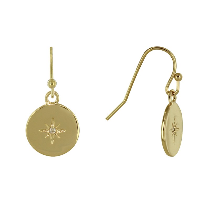 Boucles d'Oreilles Plaqué Or Médaille Ronde Etoile Polaire et Strass