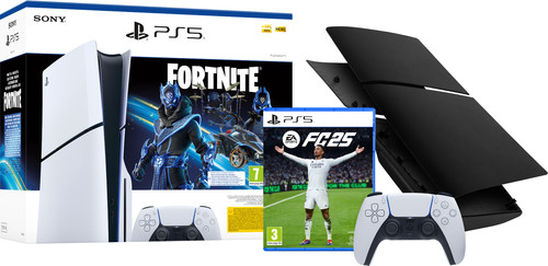 PS5 Slim Disc Edition + Fortnite Voucher + FC 25  + Covers Zwart + Extra Controller Wit