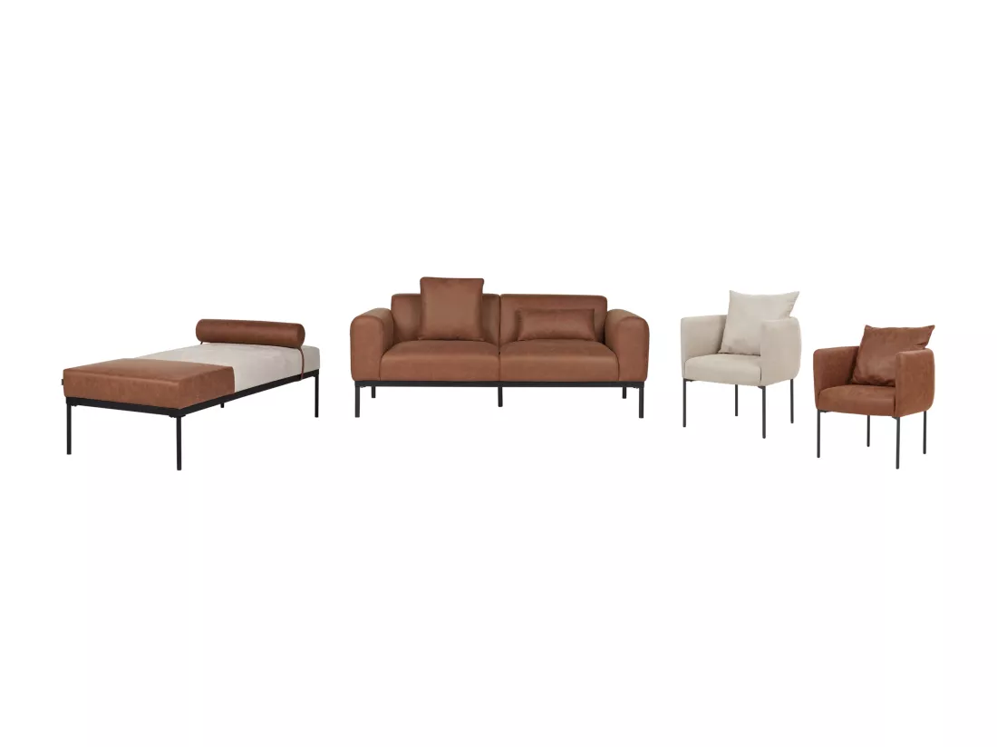 Chaise longue en lin synthétique et en similicuir beige et marron MALMOS