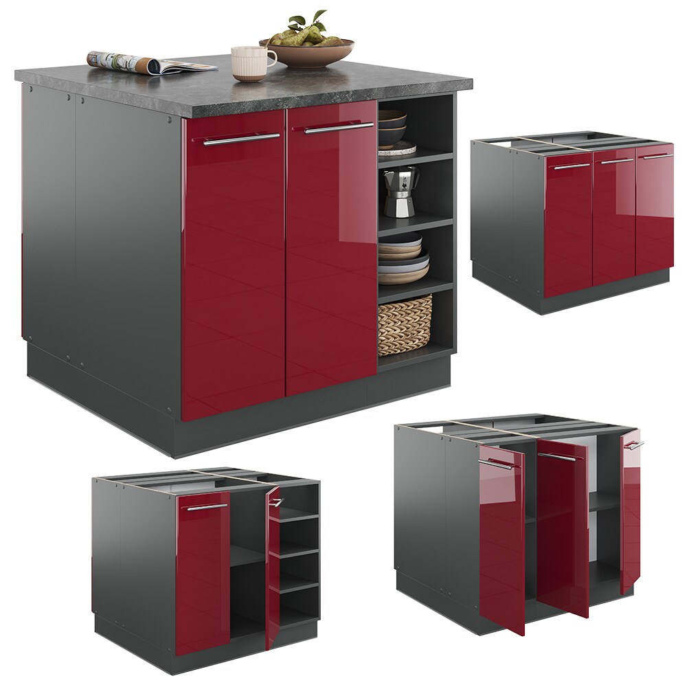 Vicco Kücheninsel Küchenblock Einbauküche Fame-Line Anthrazit Bordeaux Rot 90 cm modern Hochglanz Küchen Schränke Regalunterschrank Küchenunterschrank Regalinselunterschrank Softclose-Scharnier Küchenmöbel