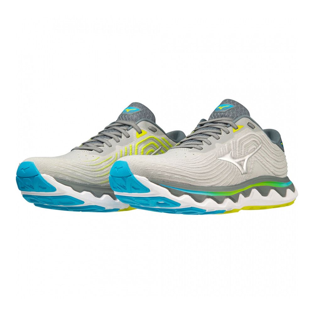 Mizuno WAVE HORIZON 6 - Chaussures running Homme pearl blue/silver/bolt(neon)