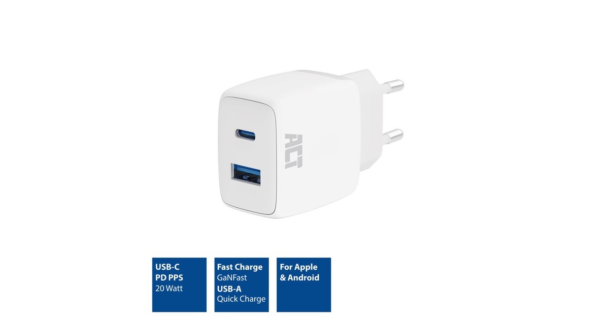 ACT ConnectivityUSB-C & USB-A lader 20W met Power Delivery PPS, Quick Charge, GaNFast oplader  (Wit)