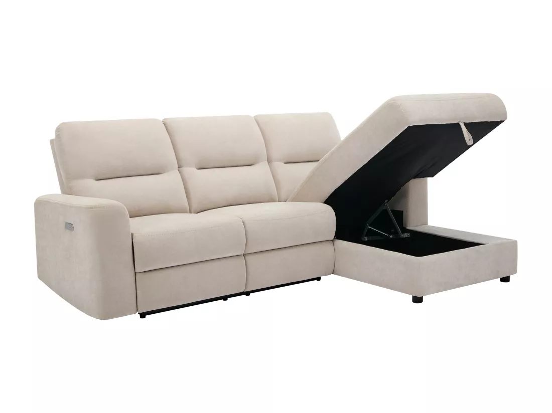 Canapé d'angle droit relax électrique avec rangements en tissu beige BURIOCA