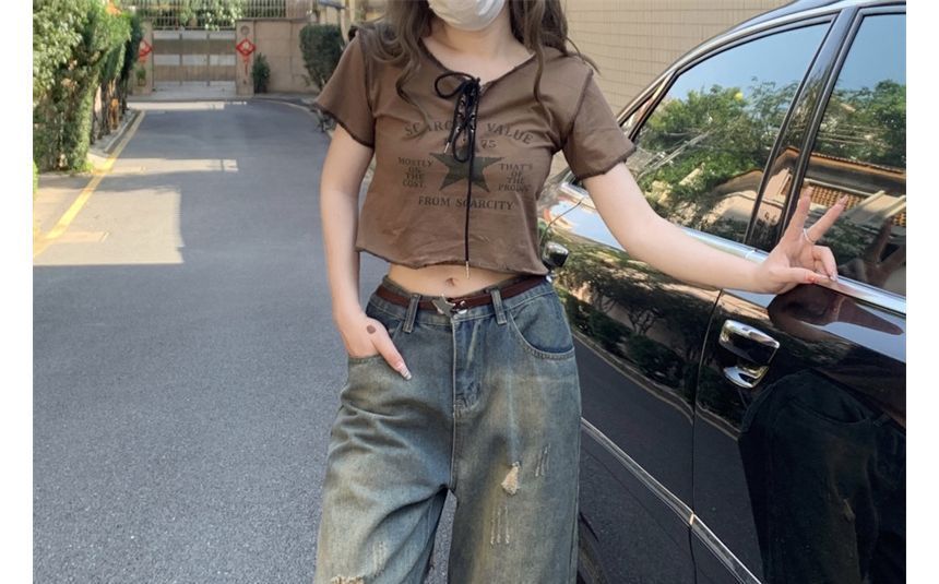 AXEN - Low Rise Washed Ripped Straight Leg Jeans