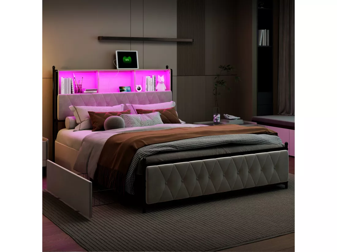 Lit adulte rembourré avec LED et 2 ports de charge USB - 4 tiroirs + sommier à lattes - tissu en velours - 140x200cm - Beige