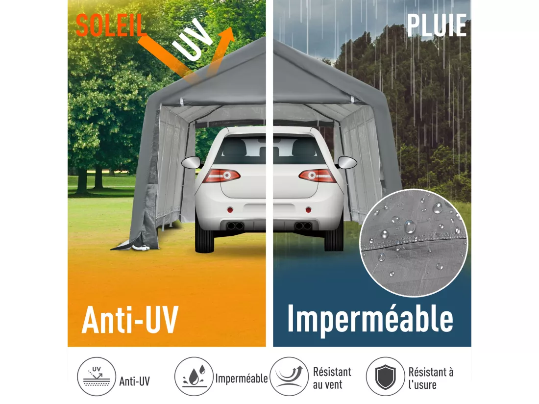 Tente garage carport dim. 6L x 3,6l x 2,75H m acier galvanisé robuste PE haute densité 195 g/m² imperméable anti-UV blanc gris