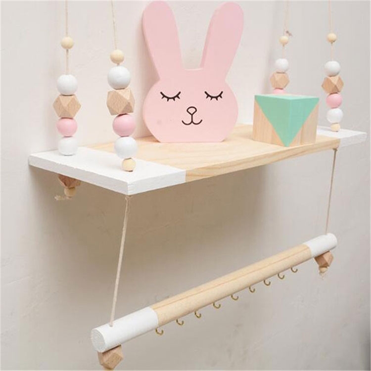 Deko Kinderzimmer Holz Wand Ablage Organizer Hänge Regal Schweberegal   Aufhänger - Braun / Weiss