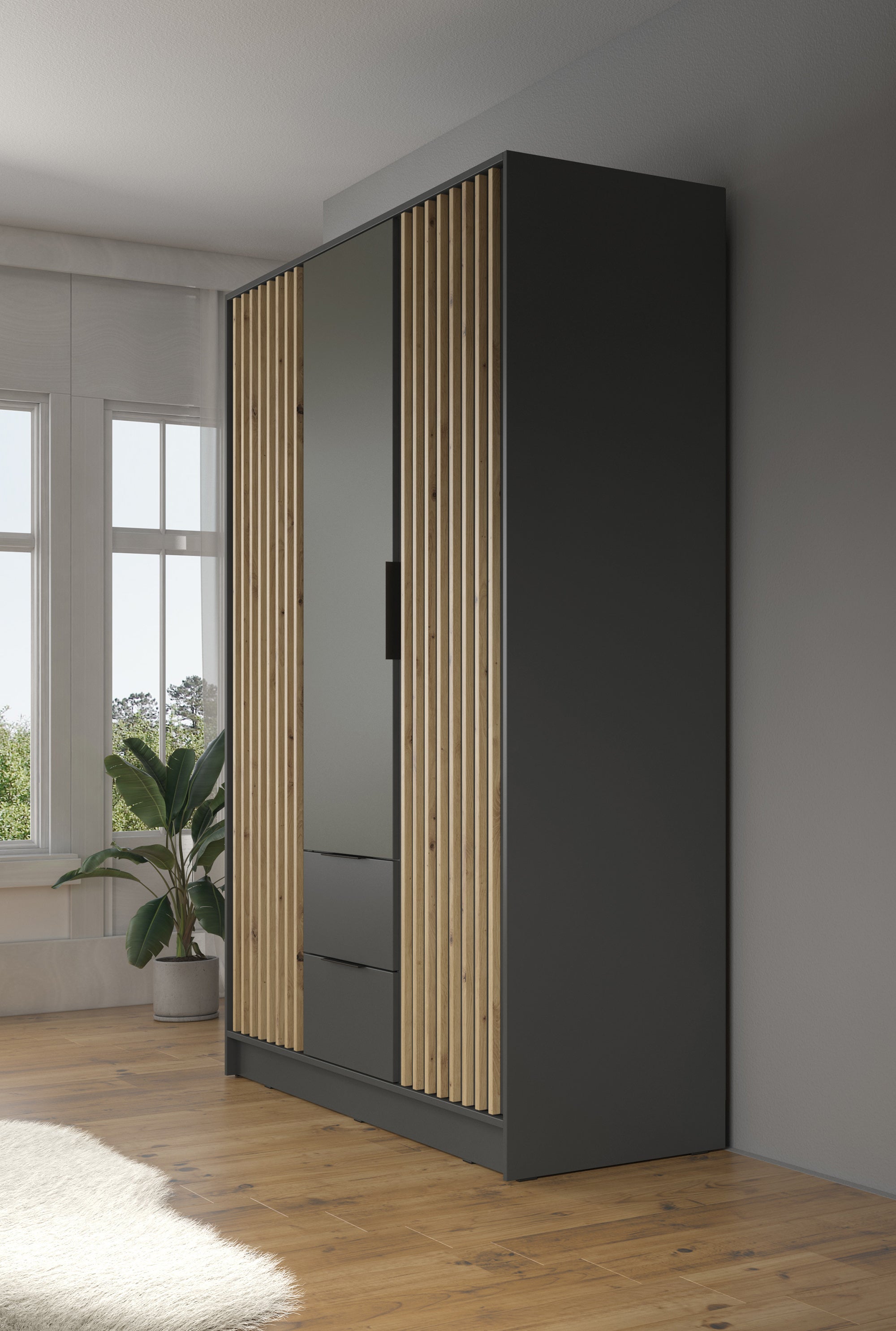 Nairobi - Kledingkast 3-deurs - Antraciet/eiken - 155x51x200 cm